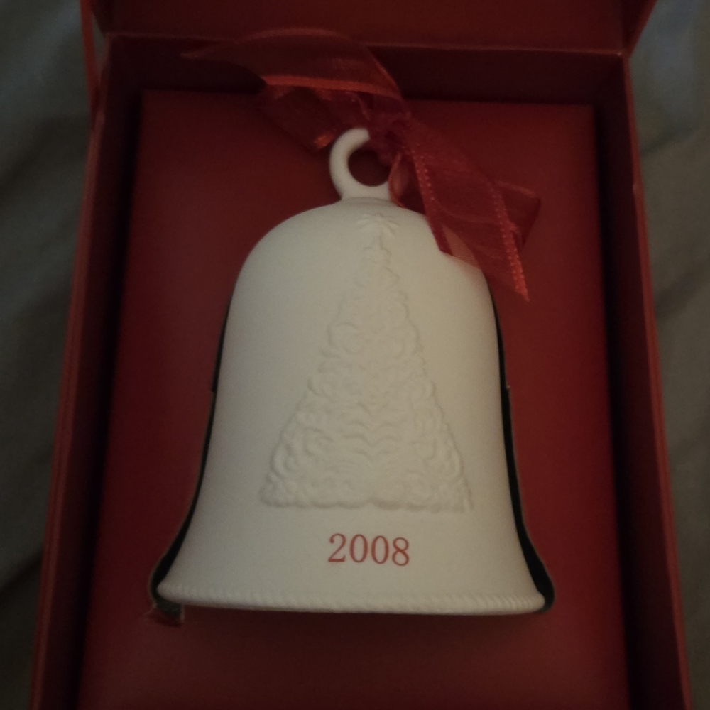 Hallmark 2008 White Bell Ornament with Red Ribbon